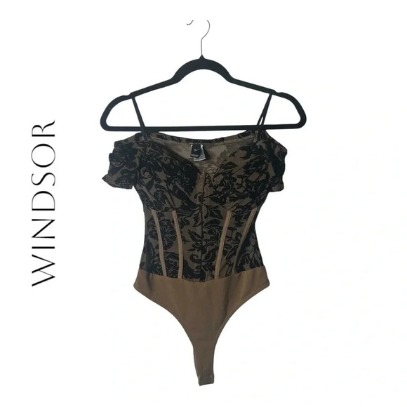2009. WINDSOR CORSET BODYSUIT BROWN/BLACK‎ SHEER AND VELVET PADDED SIZE XSMALL - Picture 1 of 7